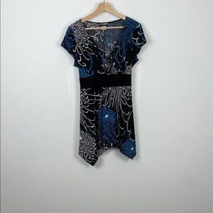 VTG J.T.B Babydoll Cap Sleeve Empire Waist Elegant Black Blue Floral Women L Top